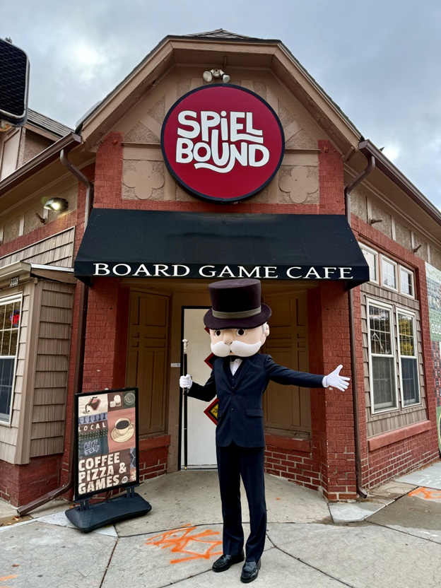 Mr. Monopoly outside Spielbound!